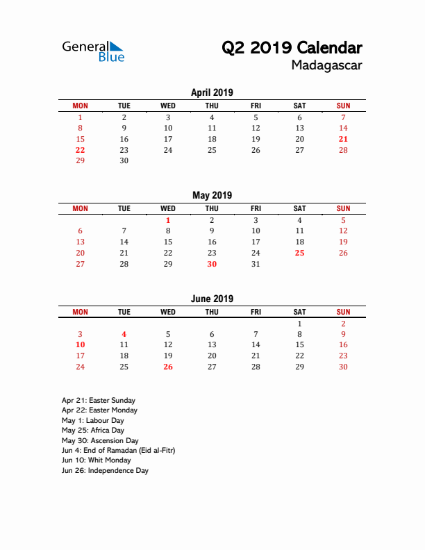 2019 Q2 Calendar with Holidays List for Madagascar