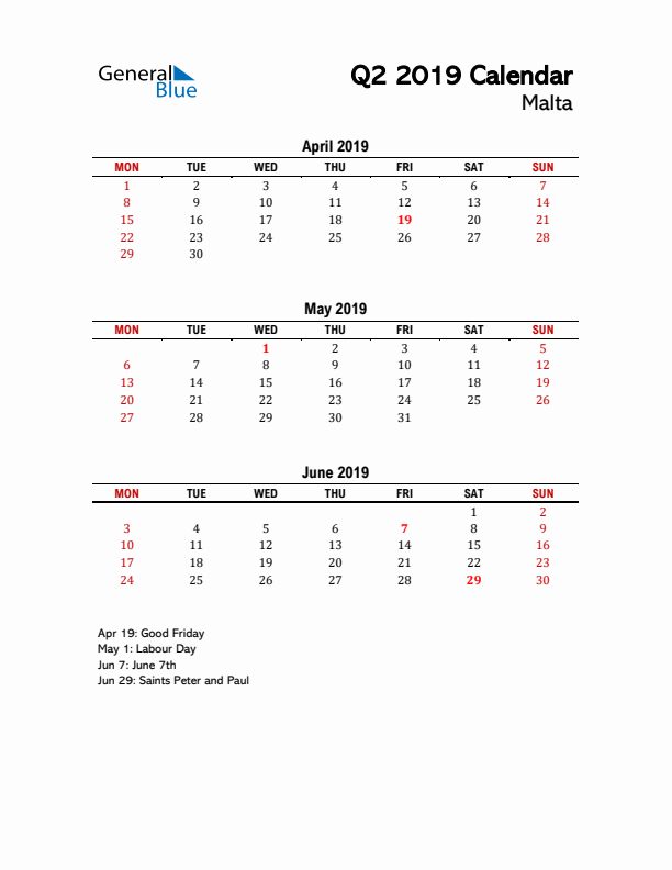 2019 Q2 Calendar with Holidays List for Malta