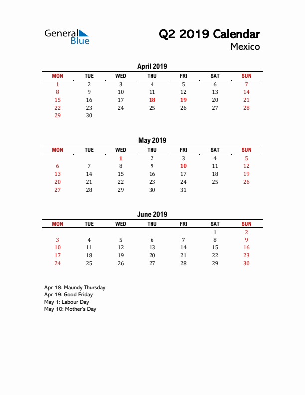 2019 Q2 Calendar with Holidays List for Mexico