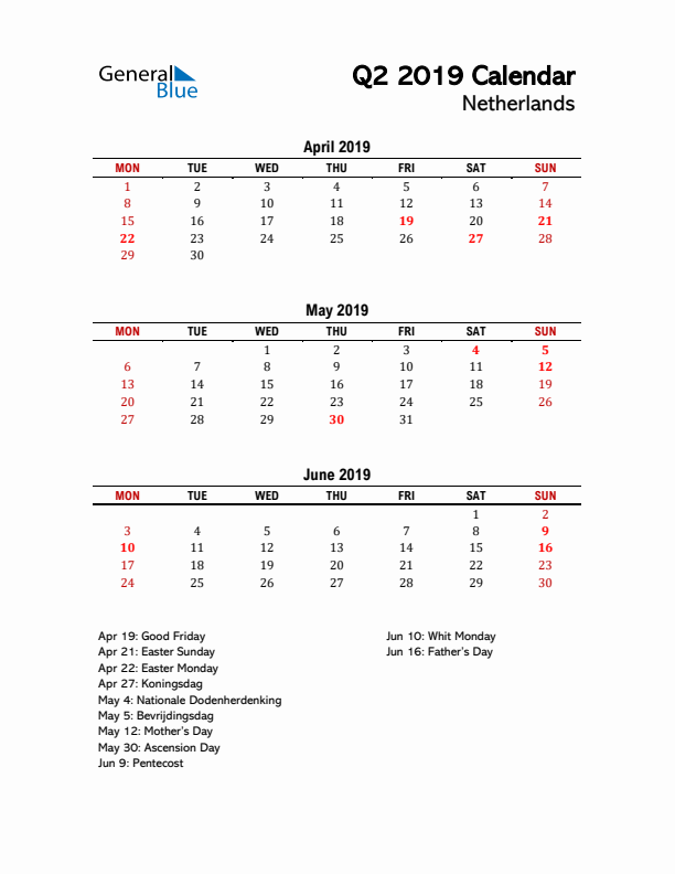 2019 Q2 Calendar with Holidays List for The Netherlands