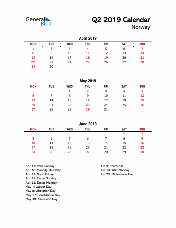 2019 Q2 Calendar with Holidays List for Norway