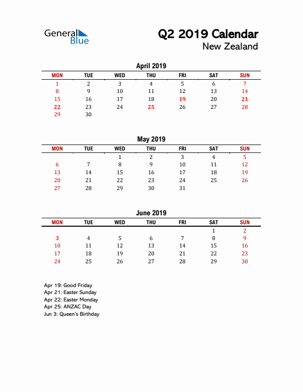 2019 Q2 Calendar with Holidays List for New Zealand