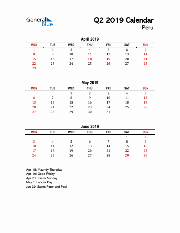 2019 Q2 Calendar with Holidays List for Peru