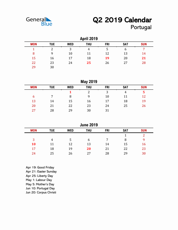 2019 Q2 Calendar with Holidays List for Portugal