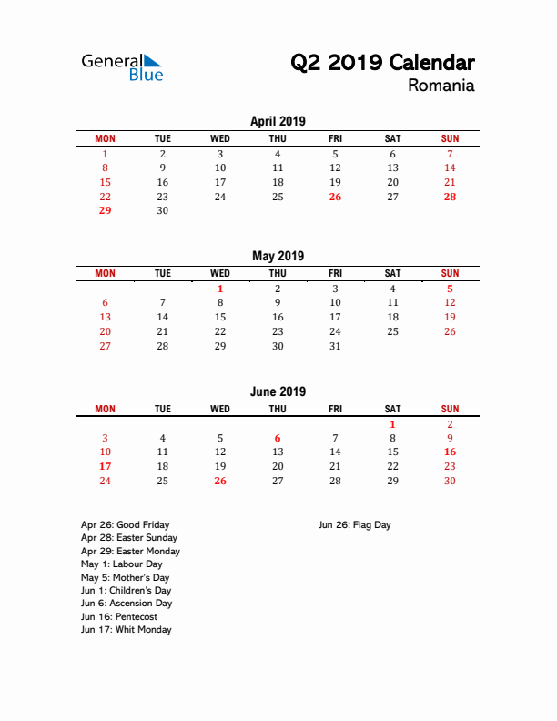 2019 Q2 Calendar with Holidays List for Romania