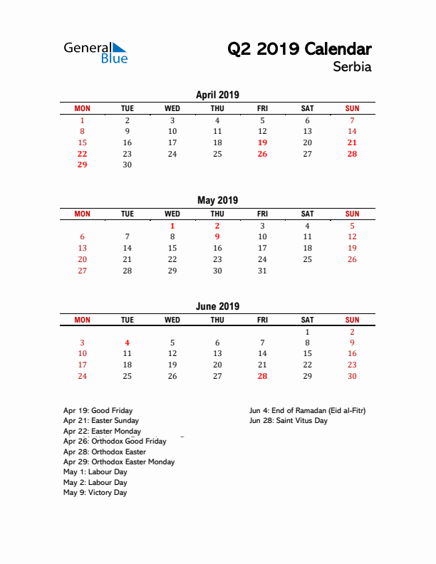 2019 Q2 Calendar with Holidays List for Serbia