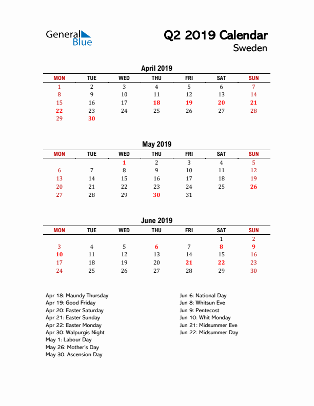 2019 Q2 Calendar with Holidays List for Sweden