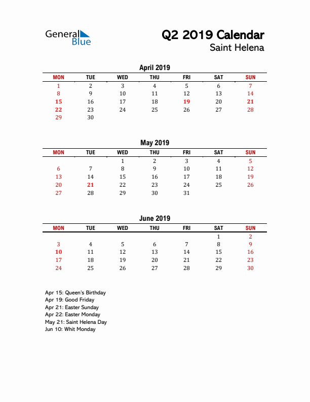 2019 Q2 Calendar with Holidays List for Saint Helena