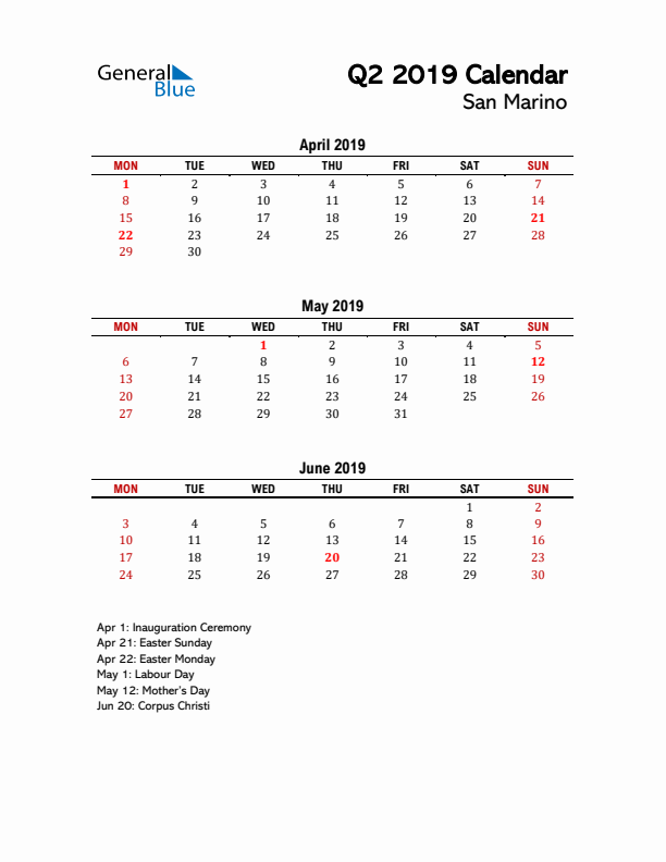 2019 Q2 Calendar with Holidays List for San Marino