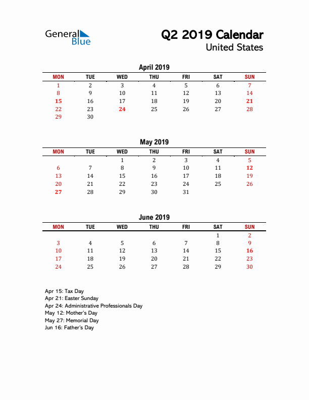 2019 Q2 Calendar with Holidays List for United States