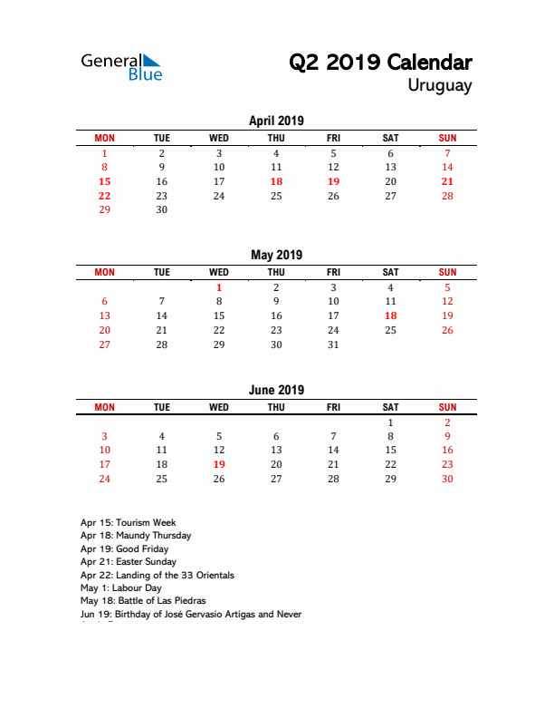 2019 Q2 Calendar with Holidays List for Uruguay