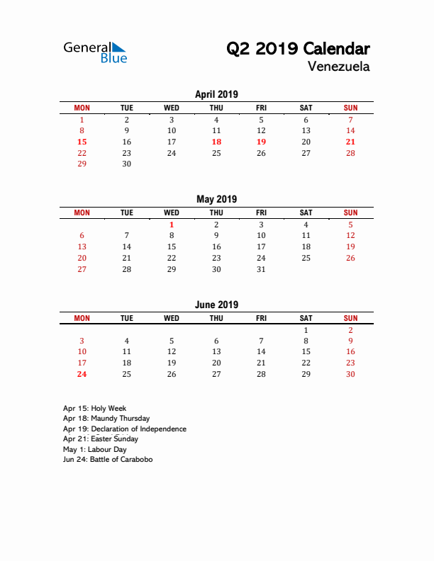 2019 Q2 Calendar with Holidays List for Venezuela