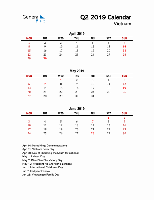 2019 Q2 Calendar with Holidays List for Vietnam