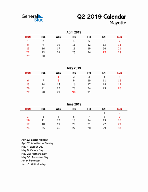 2019 Q2 Calendar with Holidays List for Mayotte