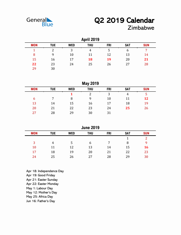 2019 Q2 Calendar with Holidays List for Zimbabwe