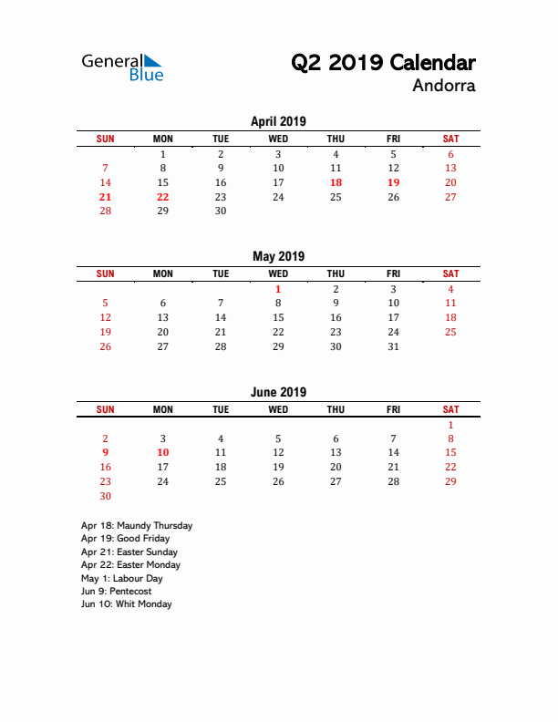 2019 Q2 Calendar with Holidays List for Andorra