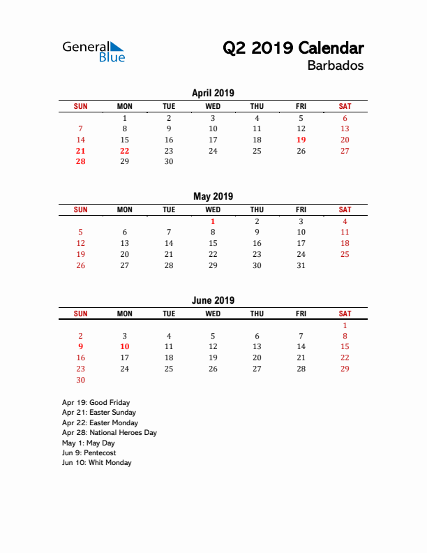 2019 Q2 Calendar with Holidays List for Barbados