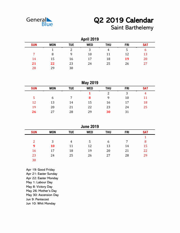 2019 Q2 Calendar with Holidays List for Saint Barthelemy