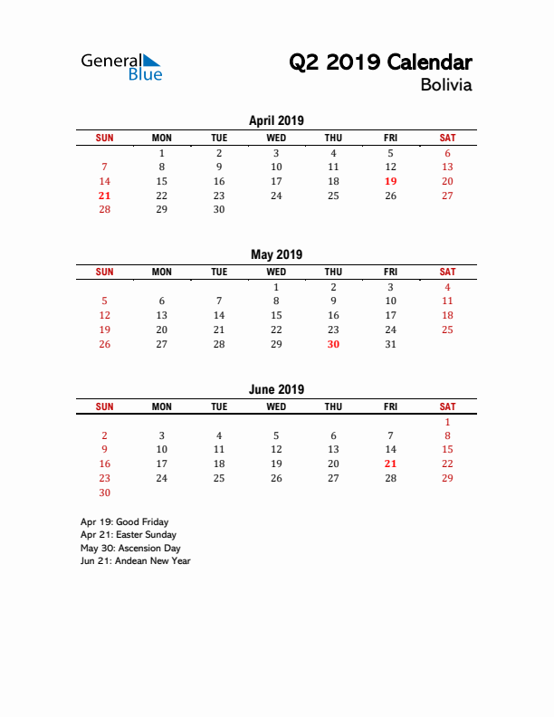 2019 Q2 Calendar with Holidays List for Bolivia