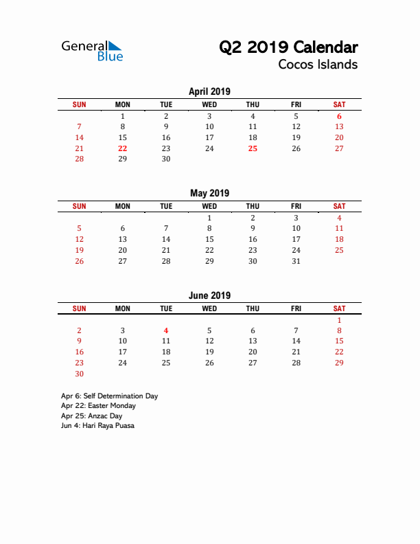 2019 Q2 Calendar with Holidays List for Cocos Islands