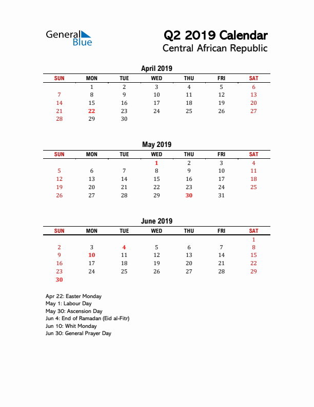 2019 Q2 Calendar with Holidays List for Central African Republic