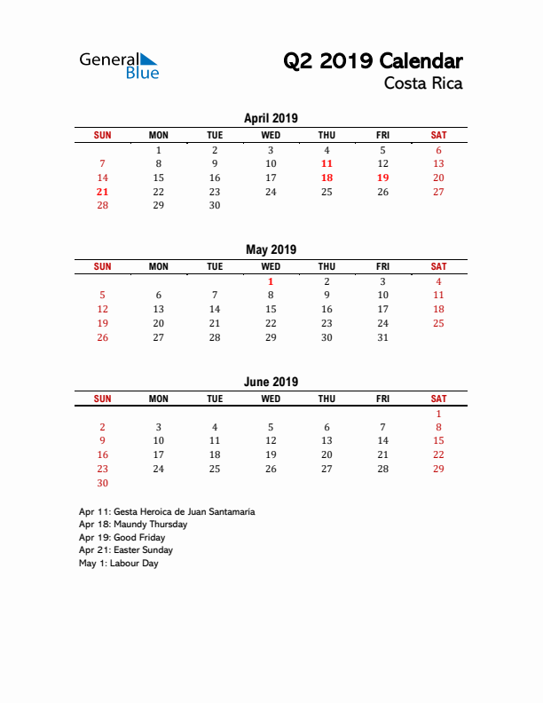 2019 Q2 Calendar with Holidays List for Costa Rica