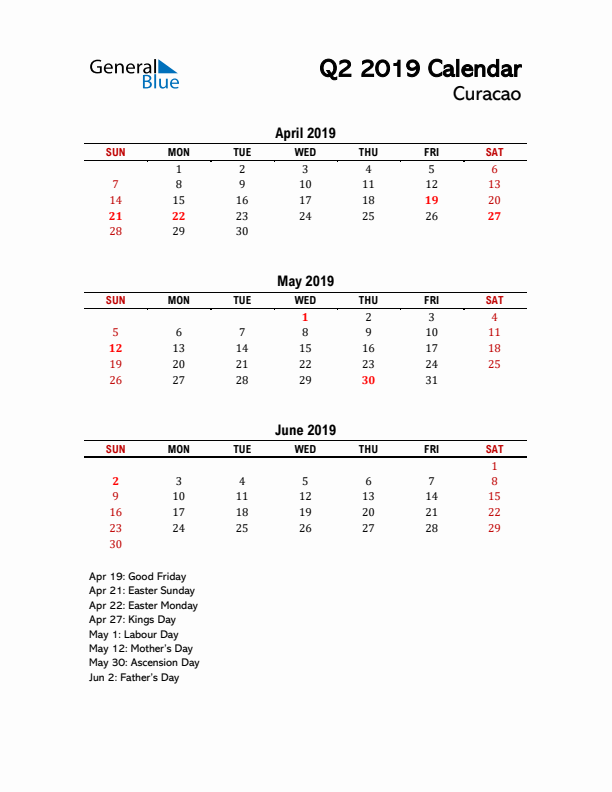 2019 Q2 Calendar with Holidays List for Curacao