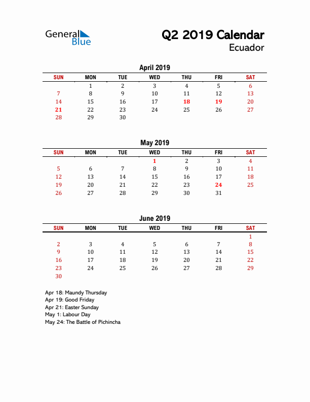 2019 Q2 Calendar with Holidays List for Ecuador