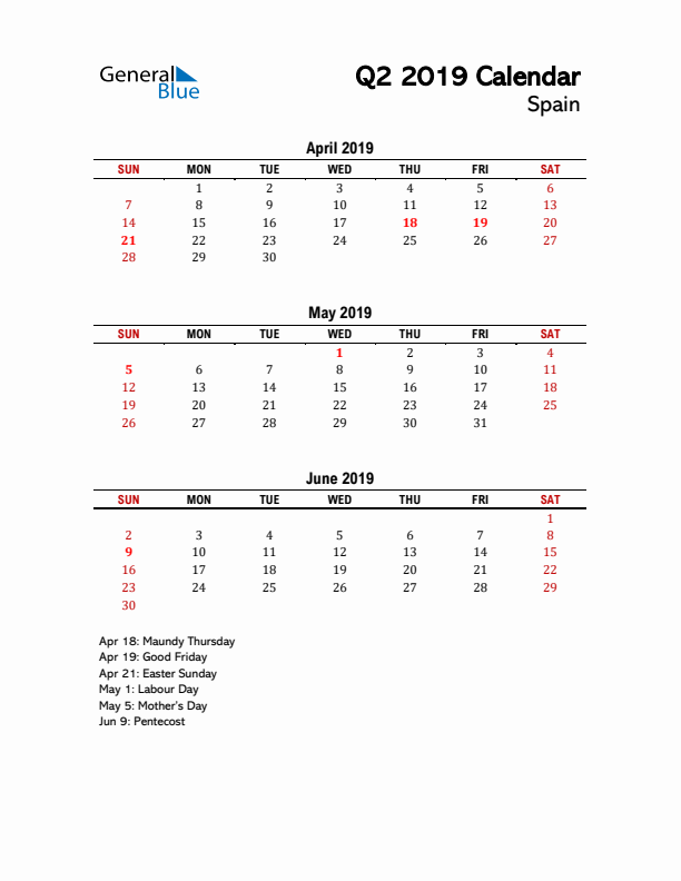 2019 Q2 Calendar with Holidays List for Spain