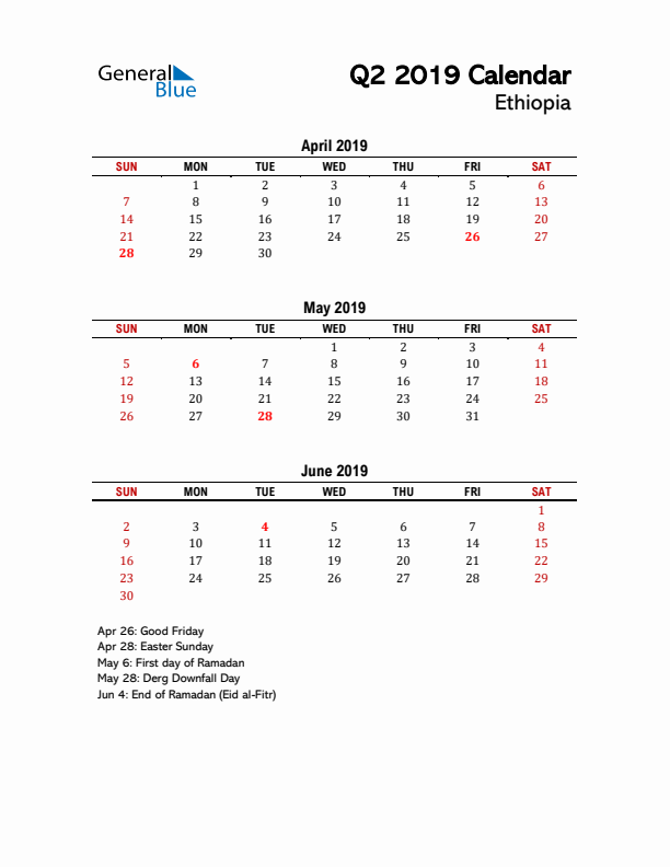 2019 Q2 Calendar with Holidays List for Ethiopia