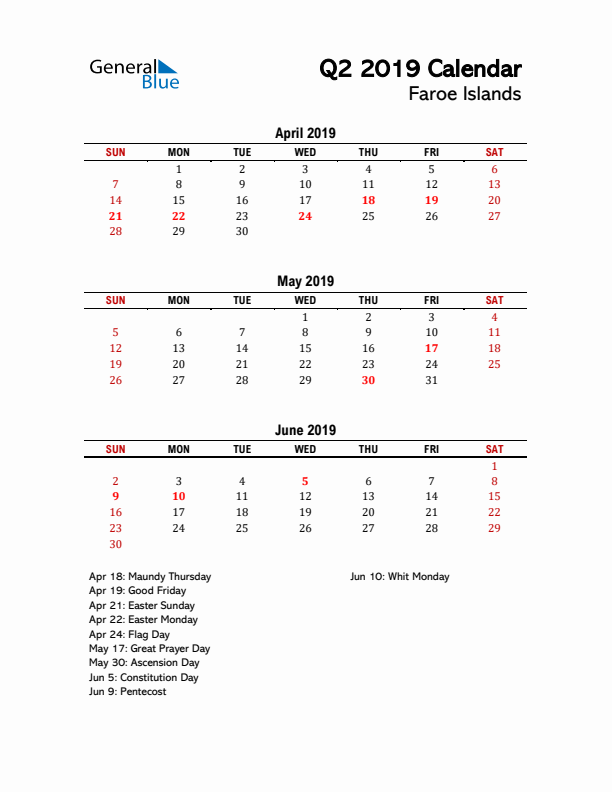 2019 Q2 Calendar with Holidays List for Faroe Islands