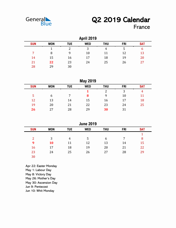 2019 Q2 Calendar with Holidays List for France