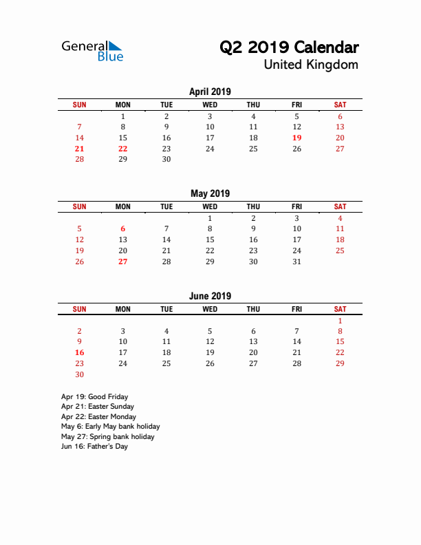 2019 Q2 Calendar with Holidays List for United Kingdom