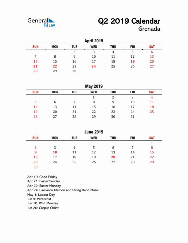 2019 Q2 Calendar with Holidays List for Grenada