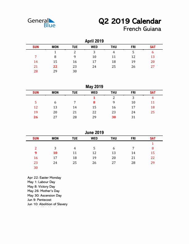 2019 Q2 Calendar with Holidays List for French Guiana