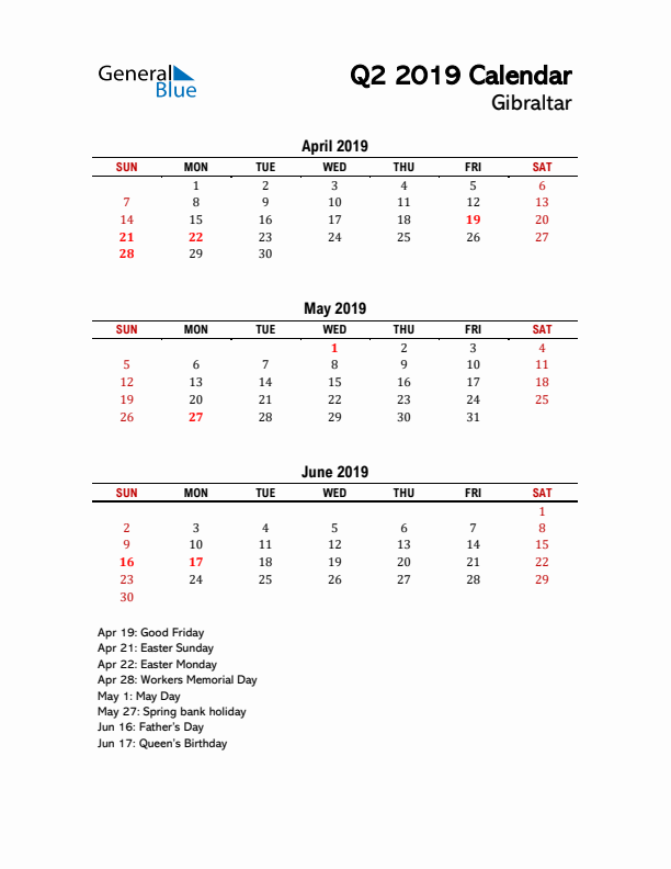 2019 Q2 Calendar with Holidays List for Gibraltar