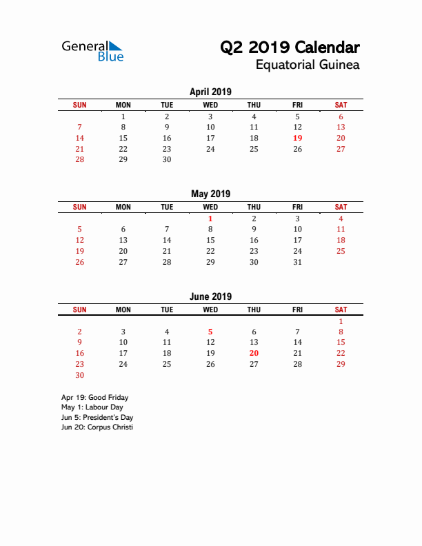 2019 Q2 Calendar with Holidays List for Equatorial Guinea