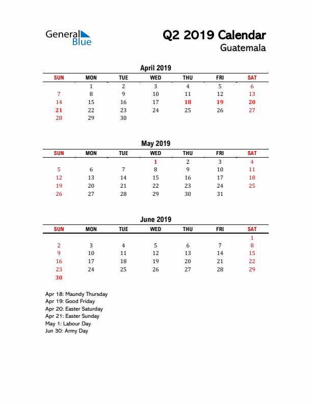 2019 Q2 Calendar with Holidays List for Guatemala