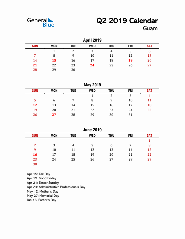 2019 Q2 Calendar with Holidays List for Guam