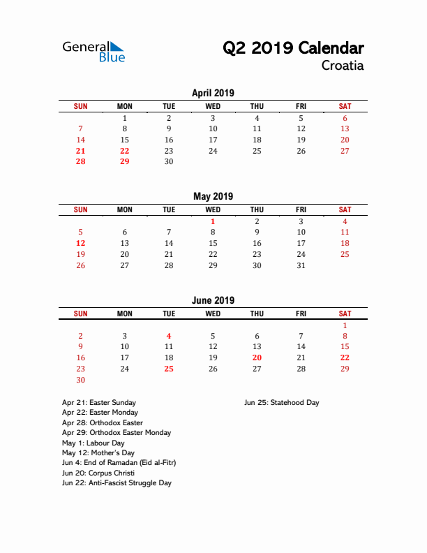 2019 Q2 Calendar with Holidays List for Croatia