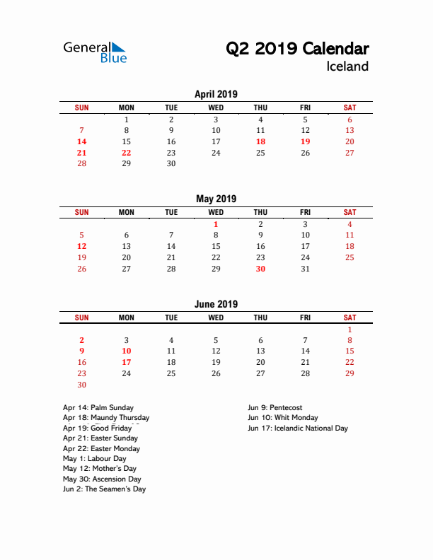 2019 Q2 Calendar with Holidays List for Iceland