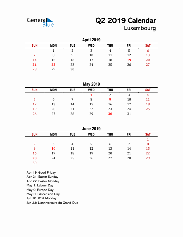 2019 Q2 Calendar with Holidays List for Luxembourg