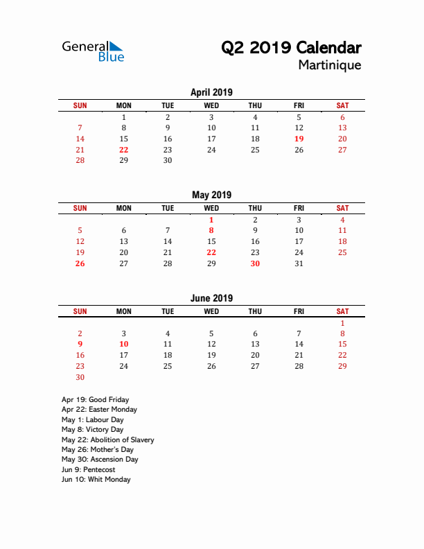 2019 Q2 Calendar with Holidays List for Martinique