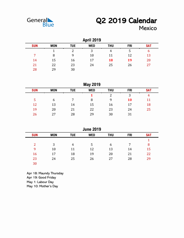 2019 Q2 Calendar with Holidays List for Mexico