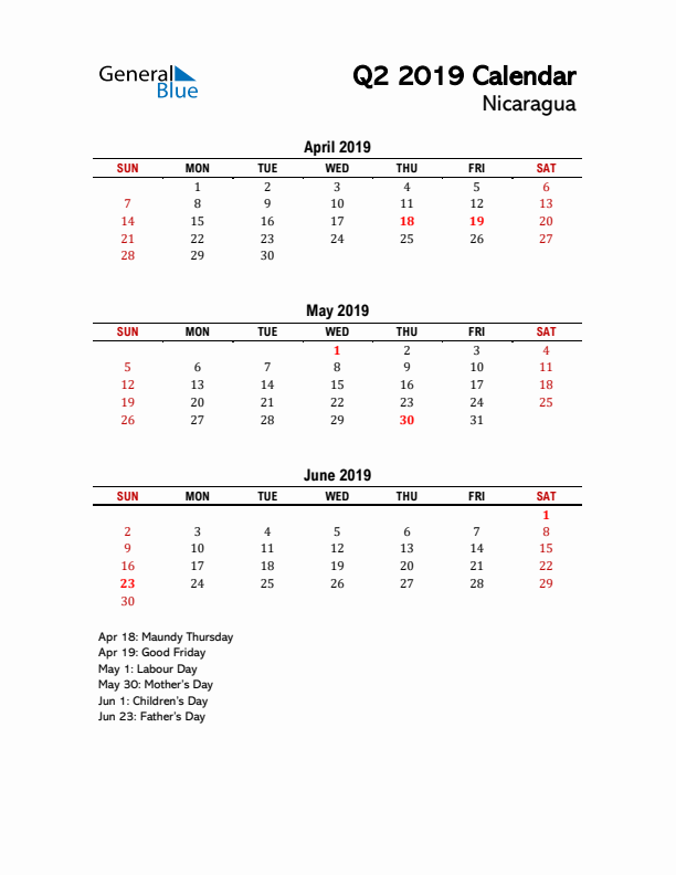 2019 Q2 Calendar with Holidays List for Nicaragua