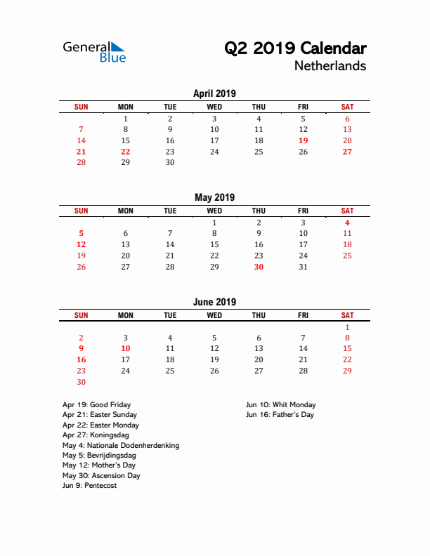 2019 Q2 Calendar with Holidays List for The Netherlands