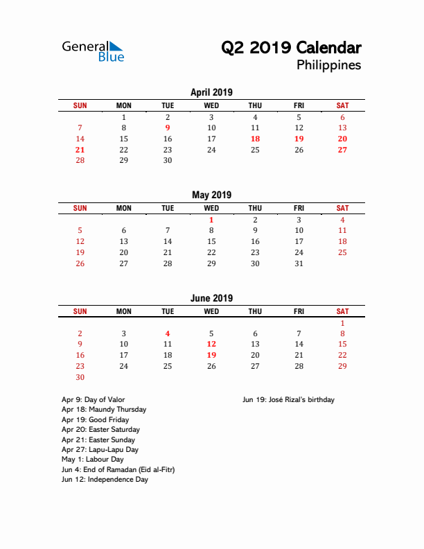 2019 Q2 Calendar with Holidays List for Philippines