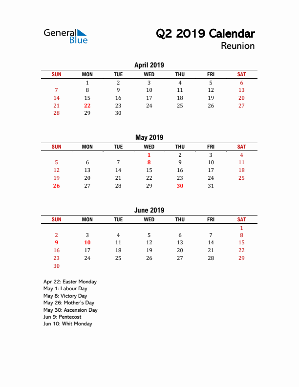 2019 Q2 Calendar with Holidays List for Reunion