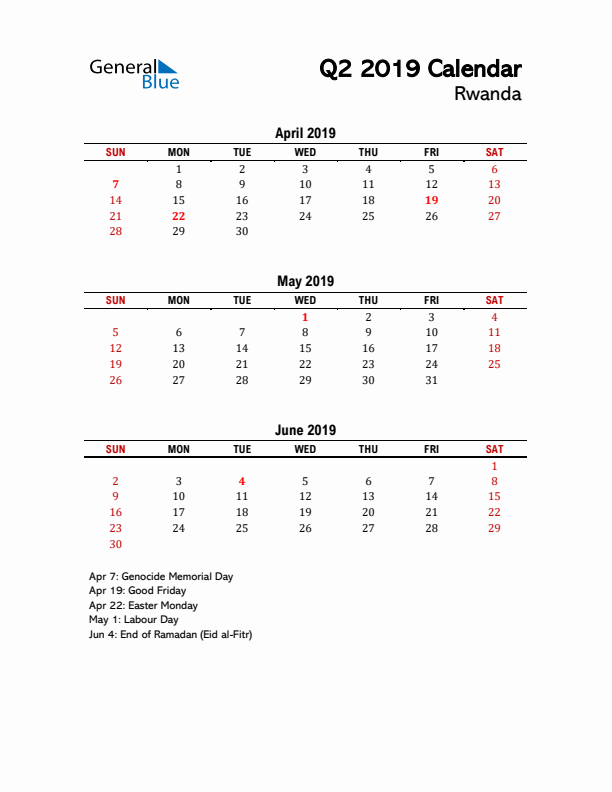 2019 Q2 Calendar with Holidays List for Rwanda