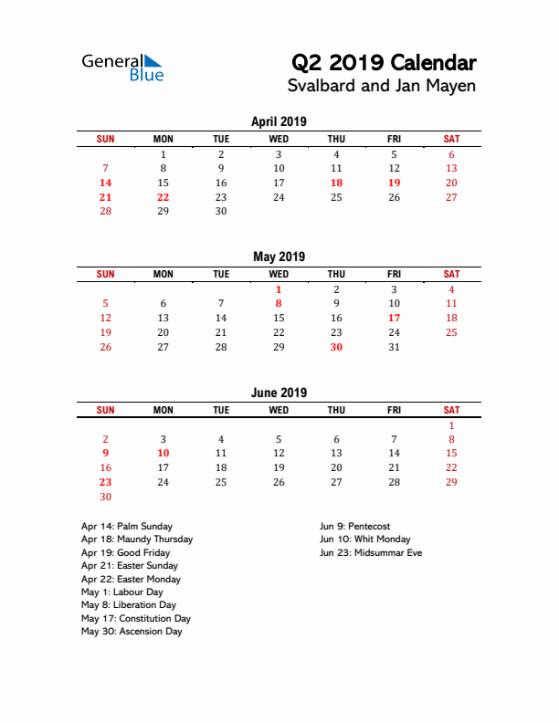 2019 Q2 Calendar with Holidays List for Svalbard and Jan Mayen